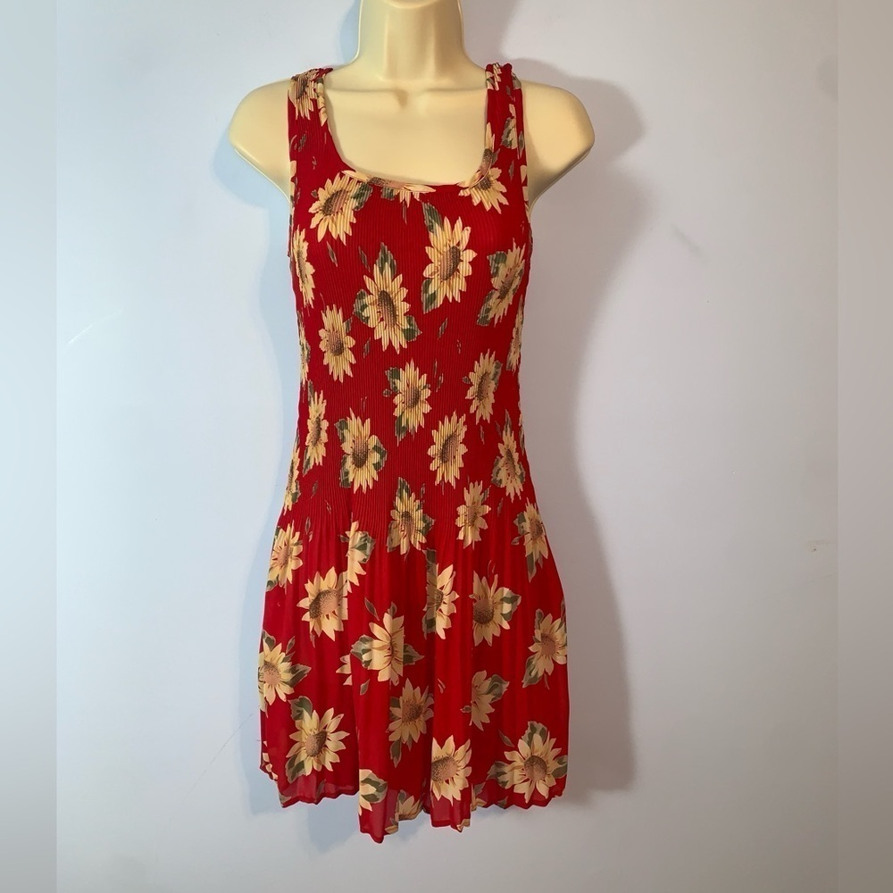 TIMINGS USA vintage Y2K Red Floral sunflower Sleeveless  mini accordian Dress L